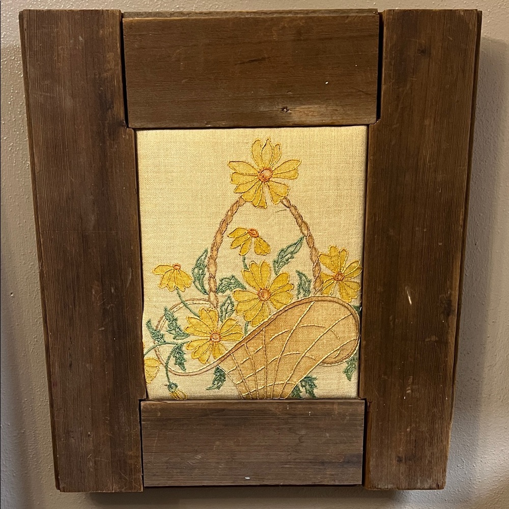 Vintage Cottage Core Floral Embroidered Handemade Wall Art with Wooden Frame